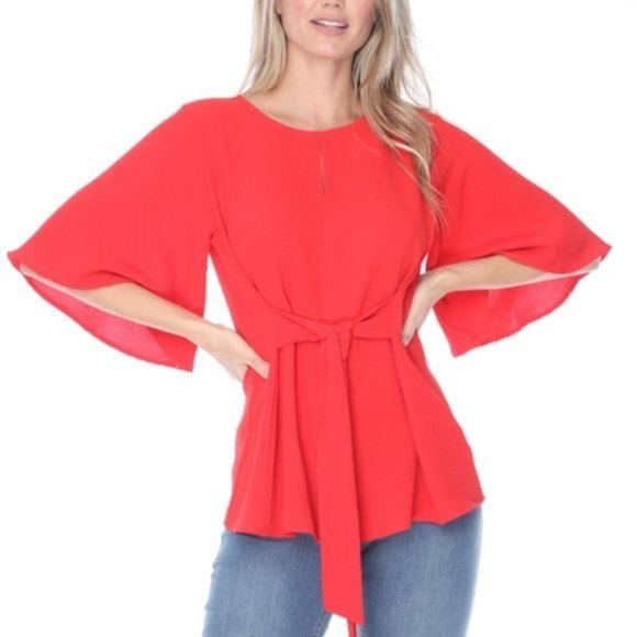 Ces'Femme Red Tomato Women Small Blouse Front Tie Flared Sleeve Scoop Neck  Top - Picture 1 of 9